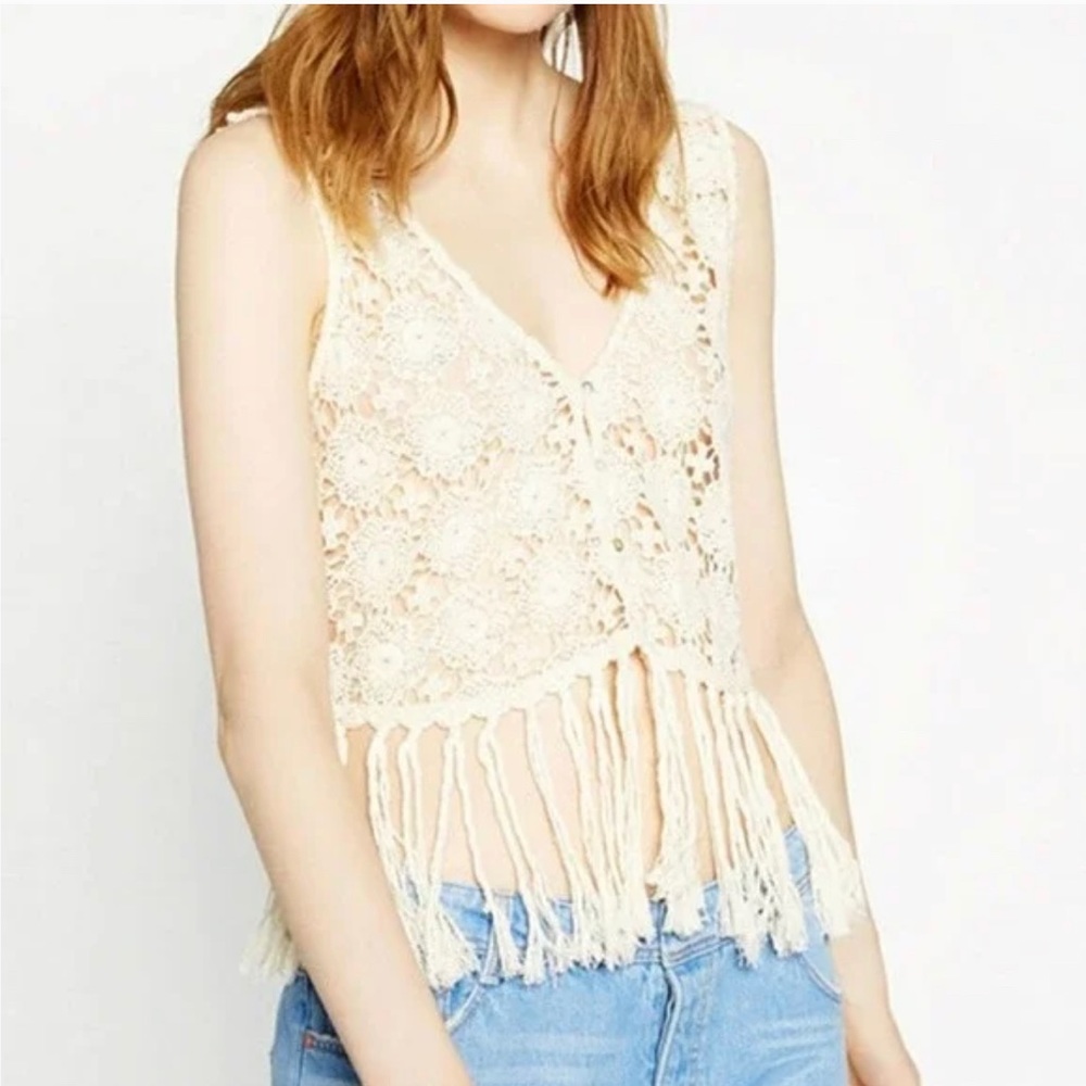 ZARA Trafaluc Collection Crochet Fringe Boho Knit Crop Top LARGE